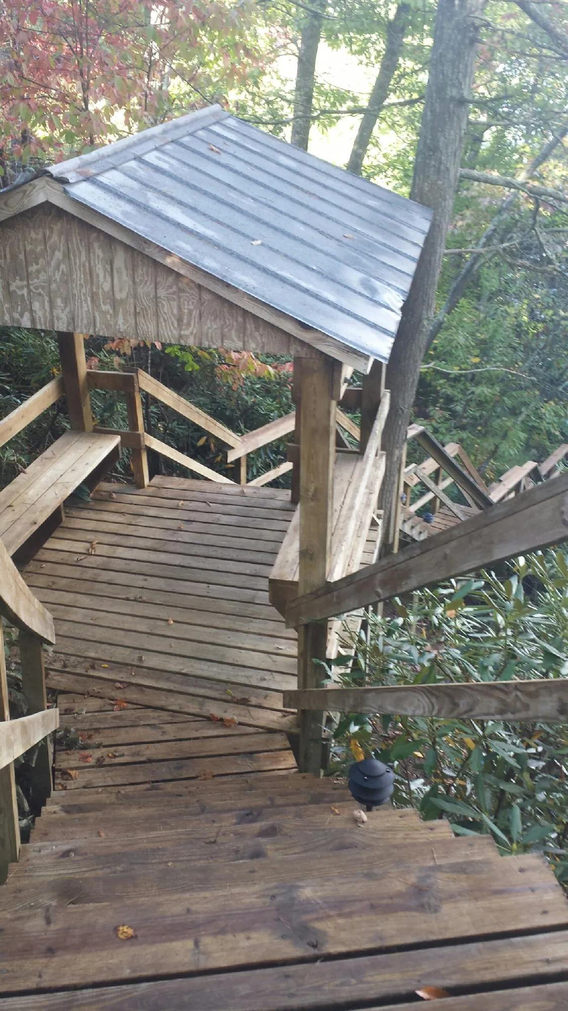 Metal roofed shelter over wooden steps on a wooded walkway — Skylight Repair & Installation work by our crew in Josephine